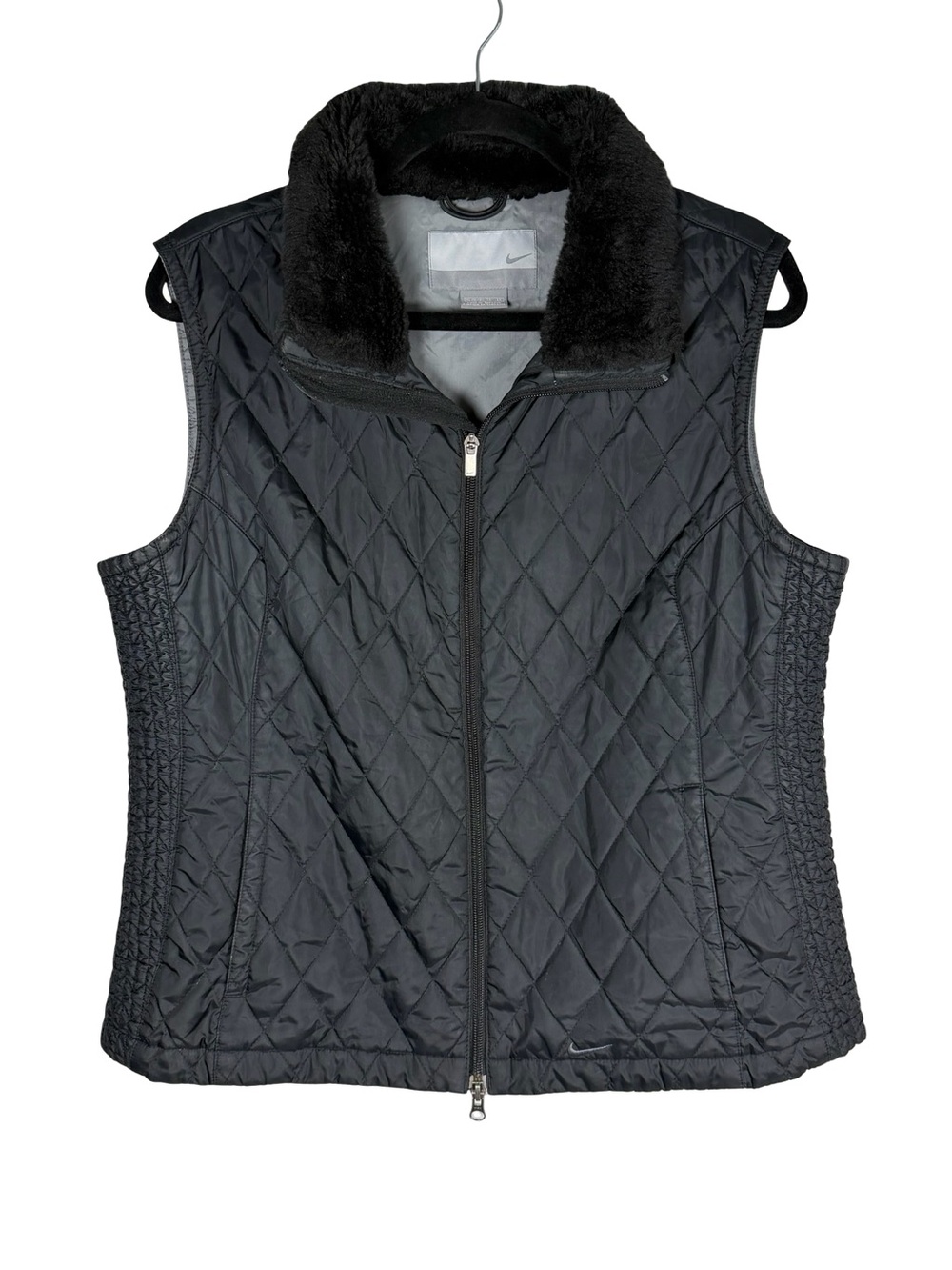 Nike Athleisure Black Quilted Zip-Up Down Vest with Faux Fur Collar Size XL